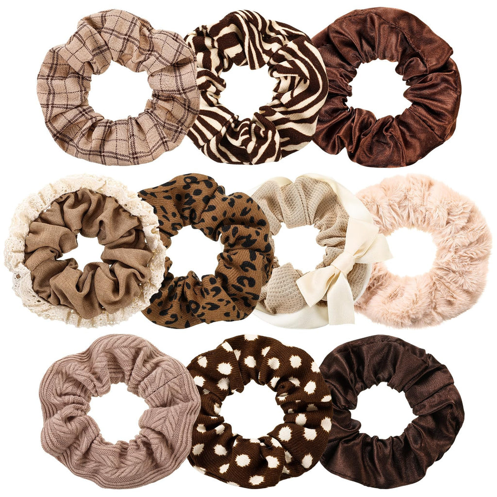 Yuxung 10 Pcs Hair Scrunchies for Women Satin Silk Scrunchies Fluffy Fuzzy Flower Plaid Bubble Hair Ties Bulk Elastic Hair Accessories Valentines Day Scrunchies Gifts for Teens Girls(Khaki)